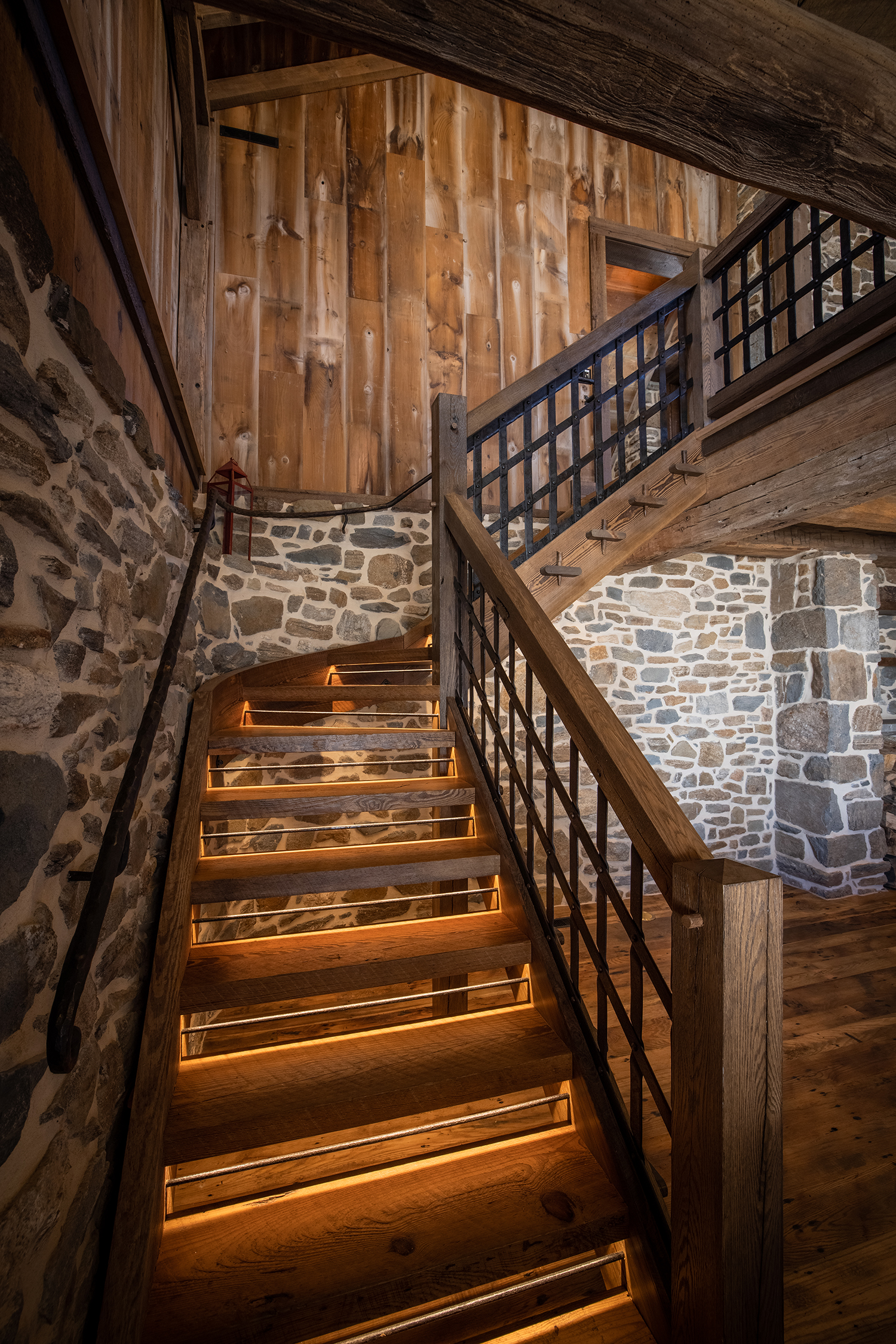 Entranceway to timber frame home made from reclaimed white oak