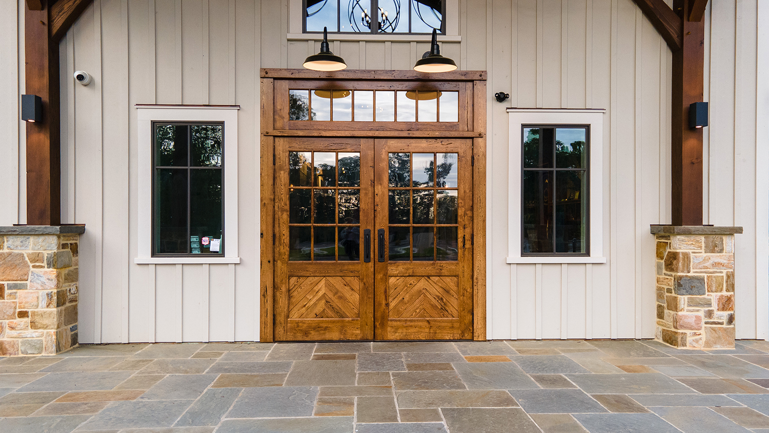 Entranceway to timber frame home made from reclaimed white oak