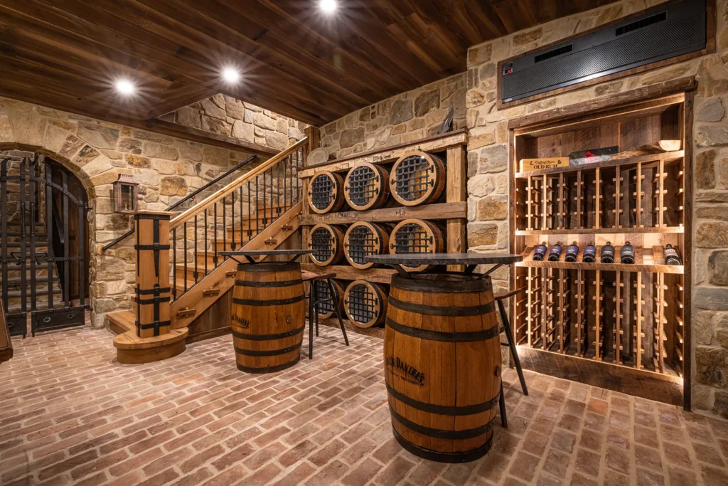 A rustic wine cellar with stone walls, brick floor, wooden ceiling, wine racks filled with bottles, two barrels serving as tables, and a wooden staircase leading upward.
