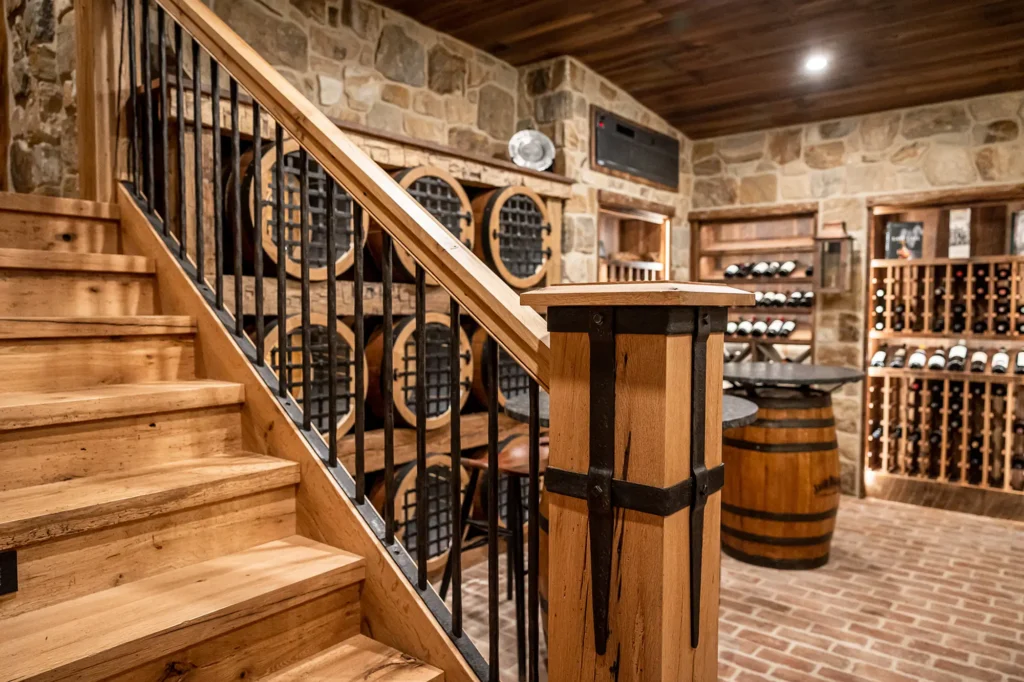 A rustic wine cellar with brick flooring, stone walls, and wooden shelves holding wine bottles. A wooden staircase with black metal railings leads downstairs. A barrel and round table are visible in the center.