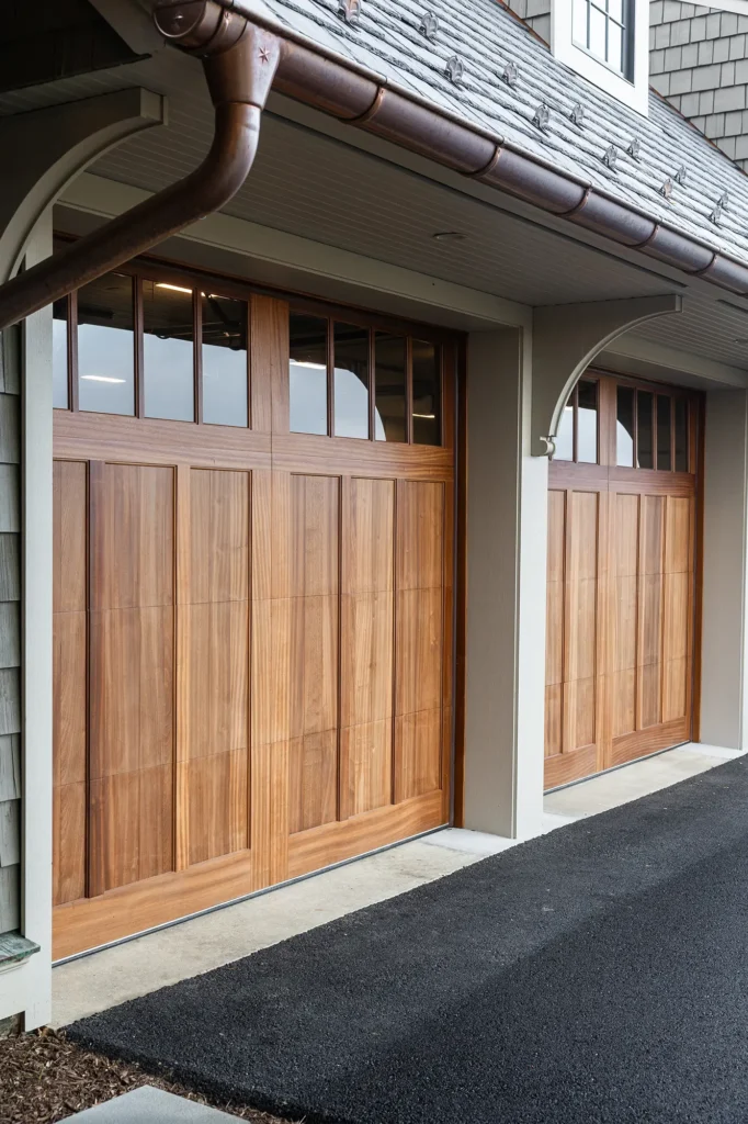Two wooden garage doors with upper window panels are set in a residential building under a covered roof, next to a freshly paved black driveway.