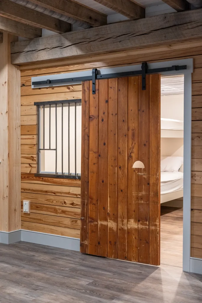 A wooden sliding barn door, partially open, reveals a bedroom with white bunk beds. The surrounding walls are made of horizontal light wood planks, and exposed beams run across the ceiling.