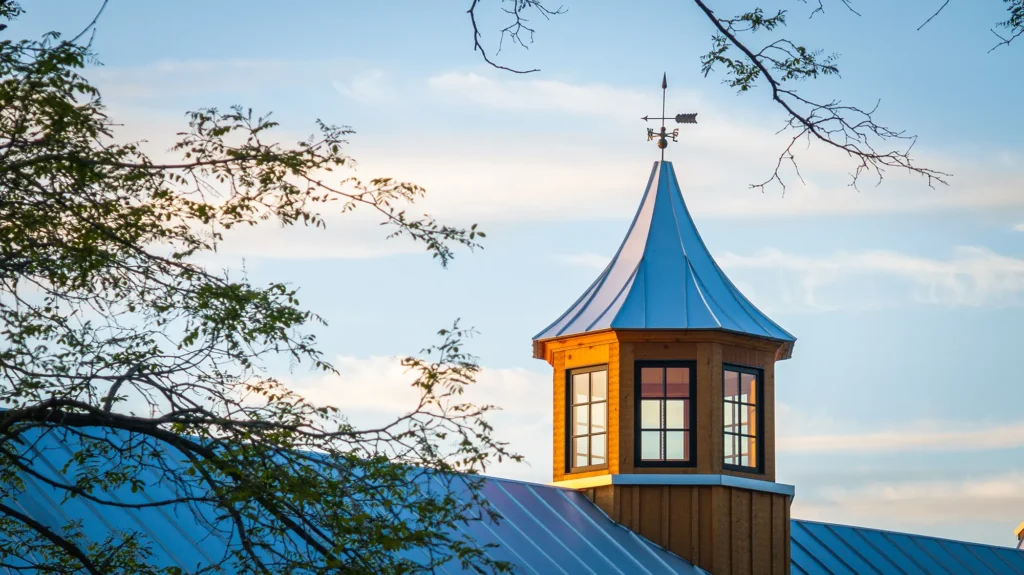 A wooden cupola with windows and a silver metal roof sits atop a building at sunset, with a weather vane on top and tree branches framing the scene against a blue sky with clouds.