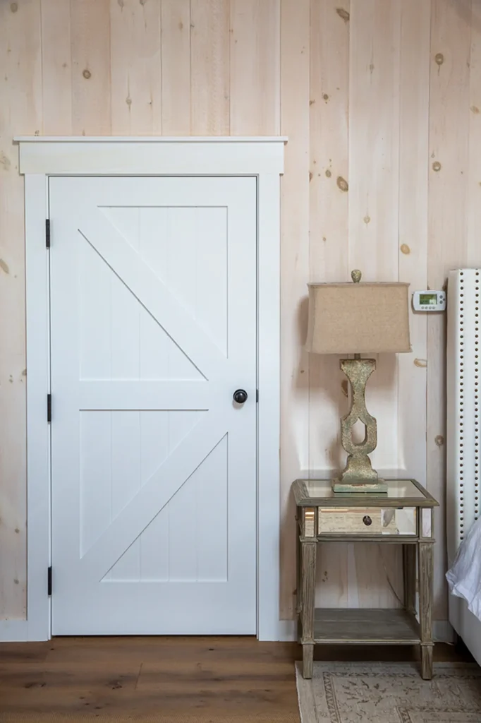 A white paneled door with black hardware is set in a light wood wall next to a mirrored nightstand with a beige lamp and a thermostat on the wall above the nightstand.