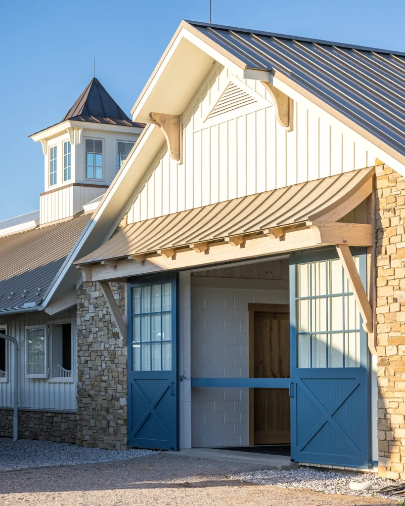 A modern barn with white siding, a metal roof, stone accents, and open blue sliding doors, shown on a sunny day with clear skies.