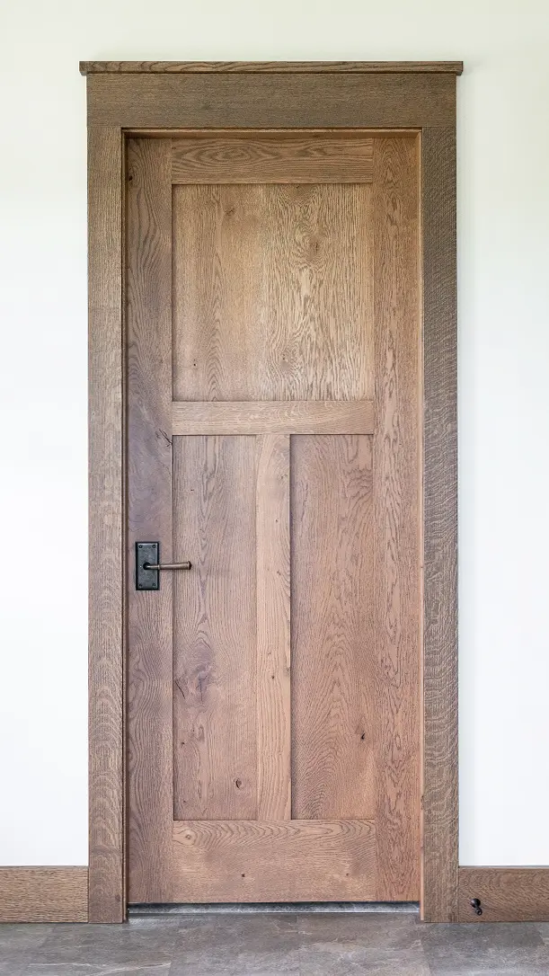 A closed wooden door with a rectangular panel design, dark metal handle, and natural wood grain, set in a wooden frame against a white wall.