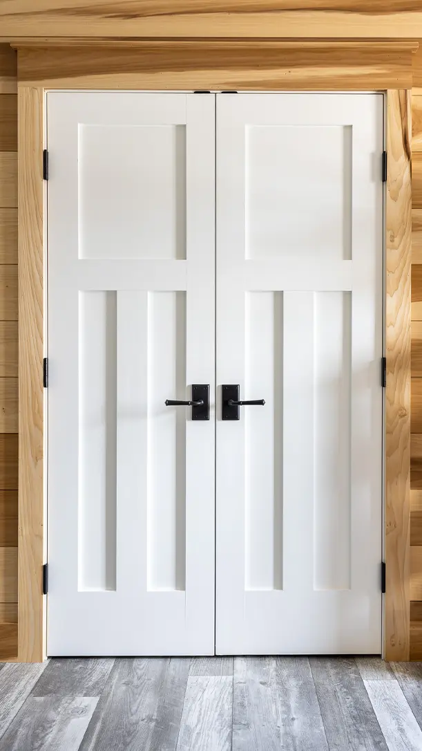 Double white paneled doors with black handles, set in a light wood frame, are closed. The wall features horizontal wooden planks, and the floor has gray and white wood-style flooring.